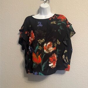 Express Women’s Chic Floral Tiered Sleeve Black Blouse XS/S